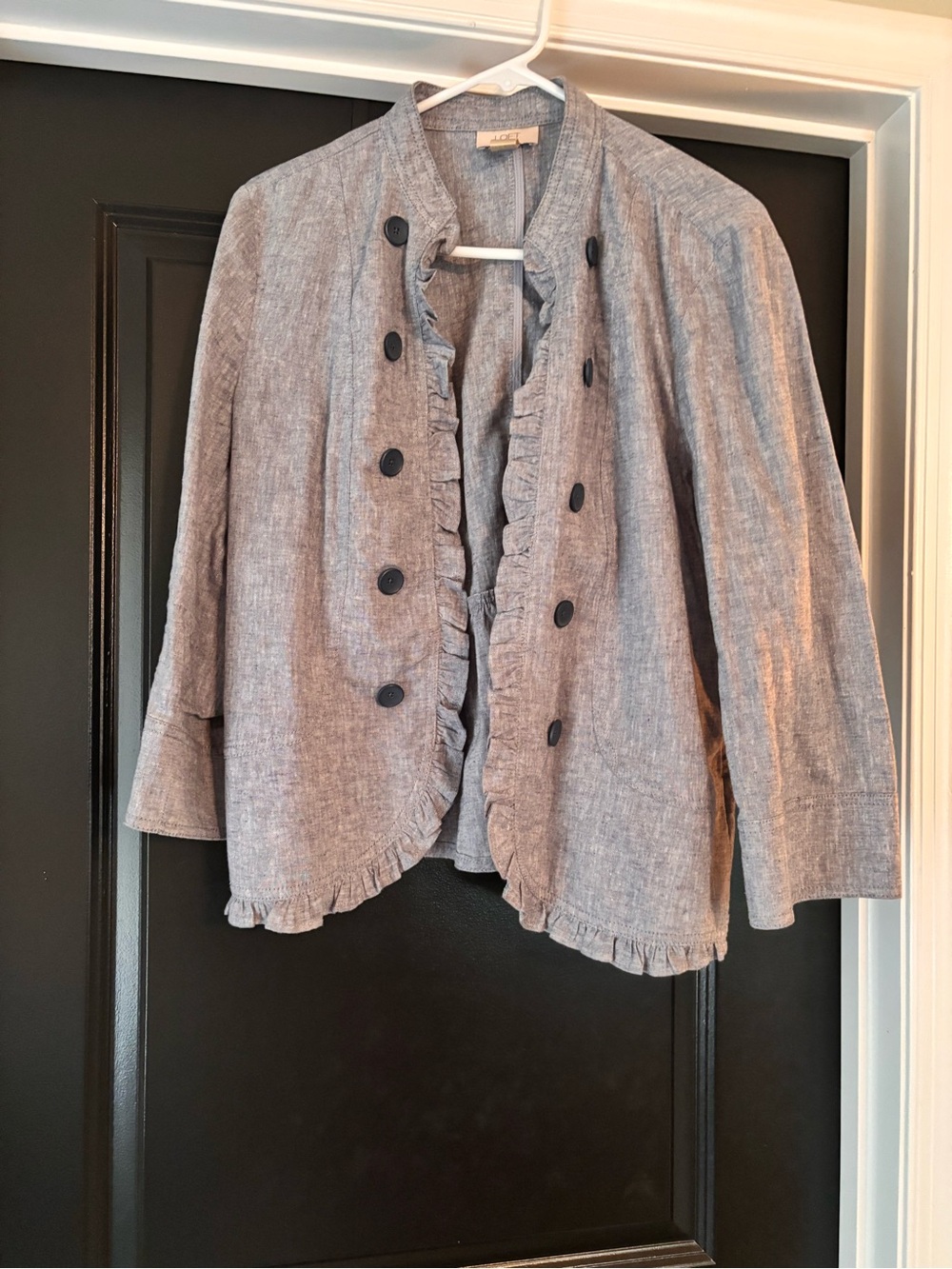 Chambray Ruffled Front Jacket - Women's Casual Coat